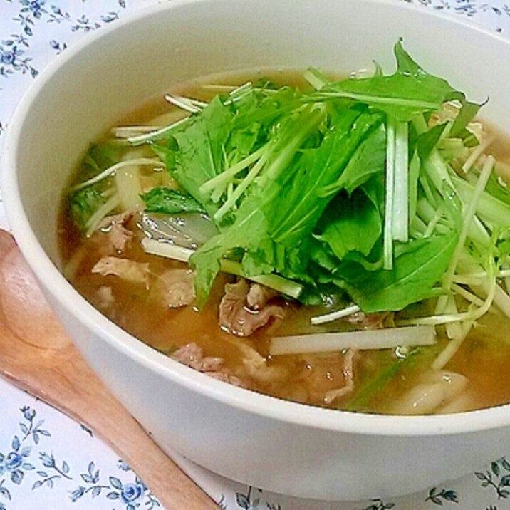 簡単！ほっこり☆水菜と豚肉のおうどん